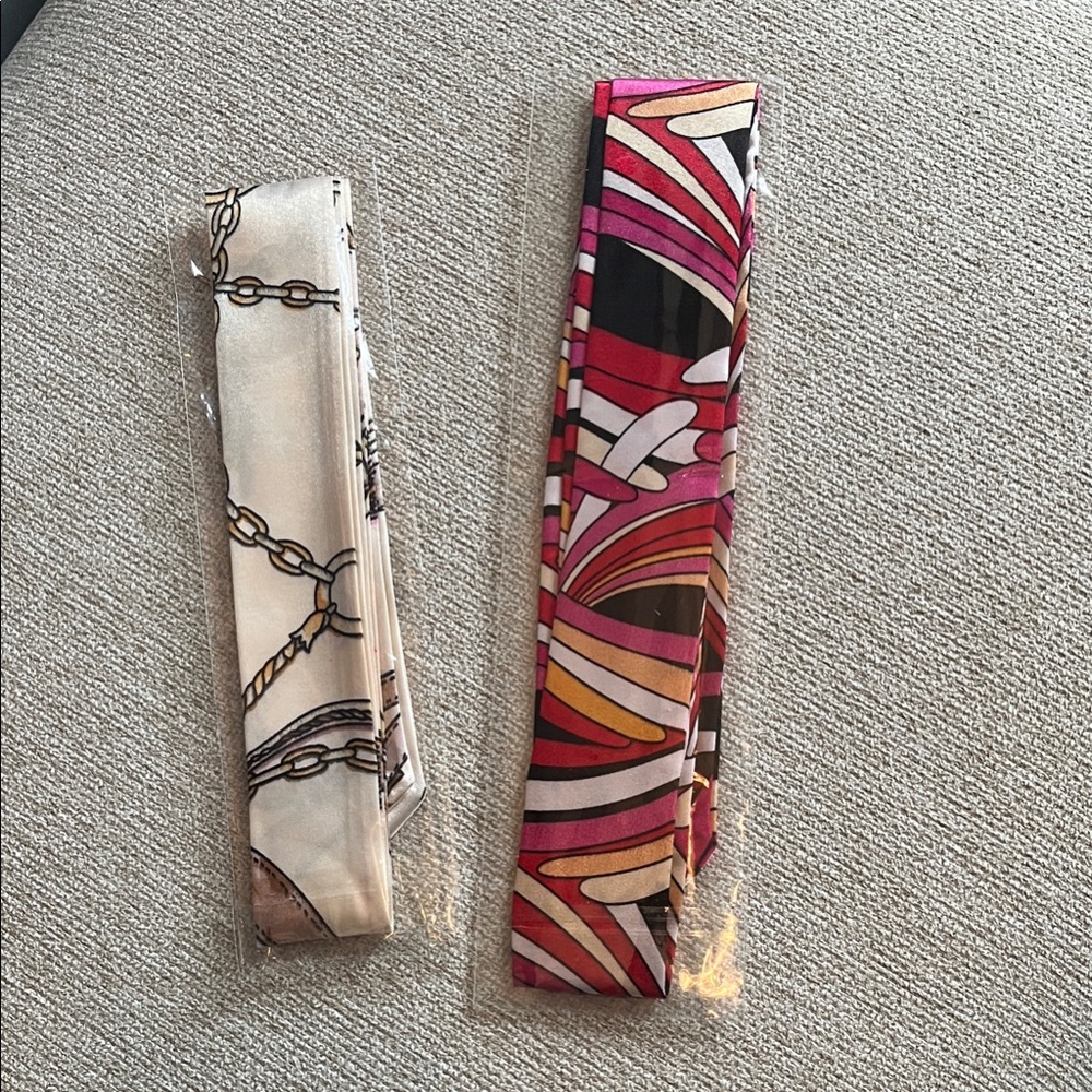 Silky Patterned Bag Twilly (Set of 2) - Pink Multi & Cream Chain